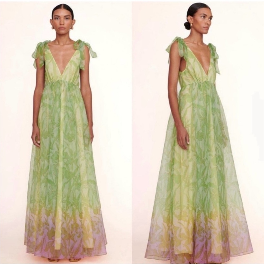 STAUD Dandelion Ombré Green Maxi Dress with Plunge Neckline and Flutter Sleeves